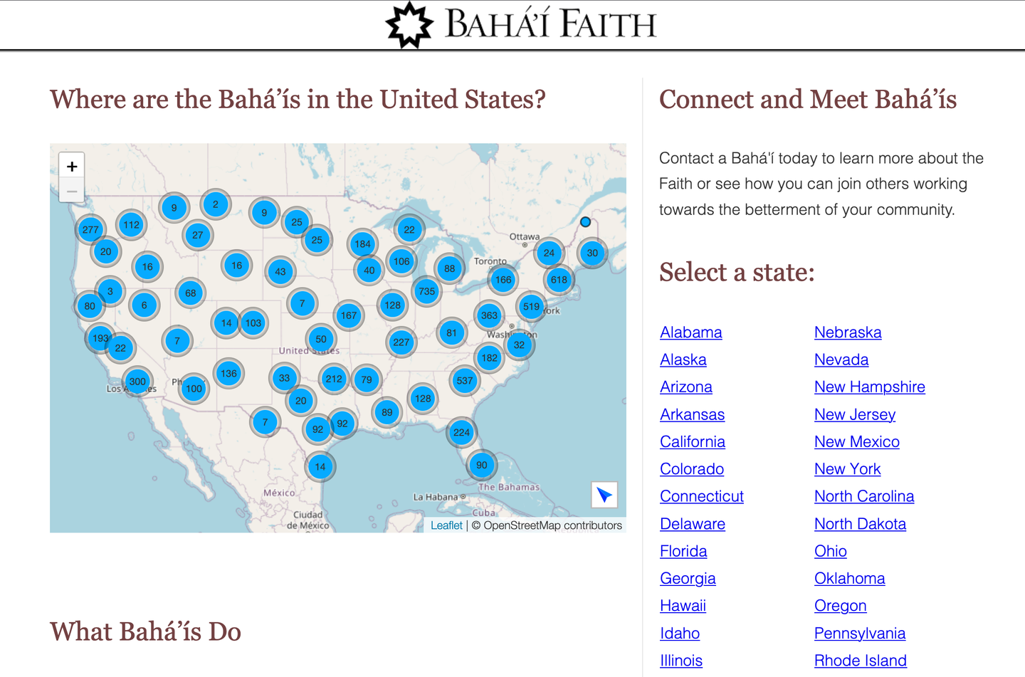 interactive us map of bahai communities with state selector and contact info