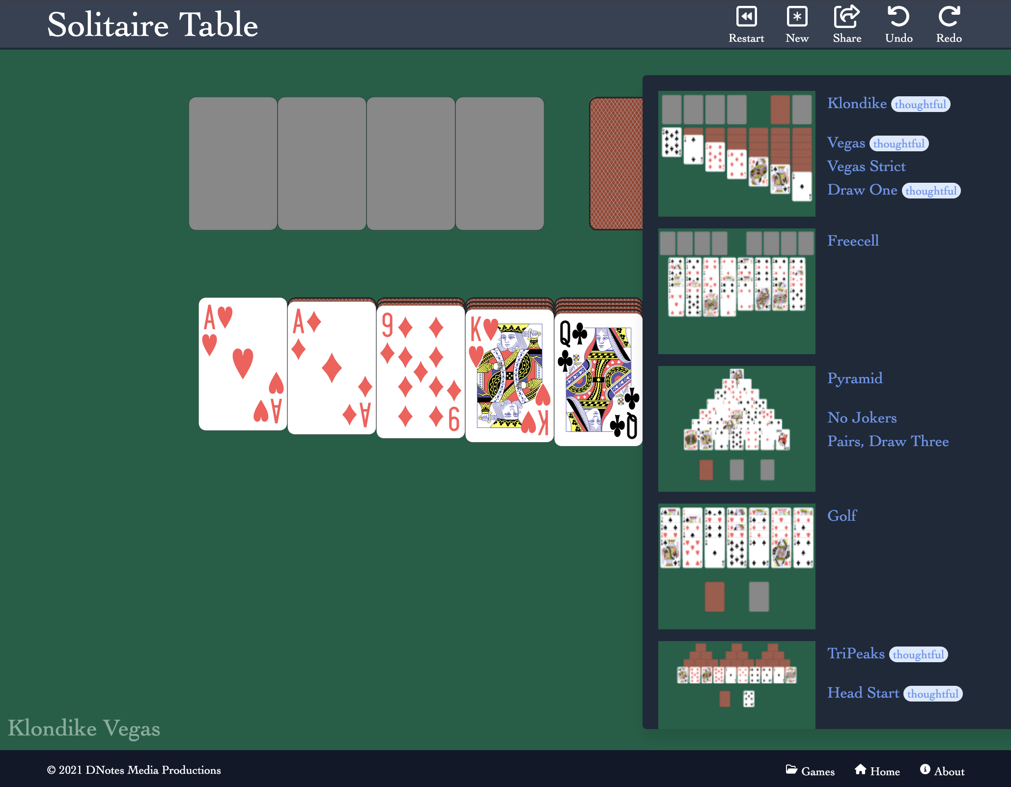 solitaire table app showing klondike vegas game with card layout and game menu.Bb0vTpbK