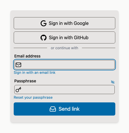 authentication form with google and github social login plus email and password options