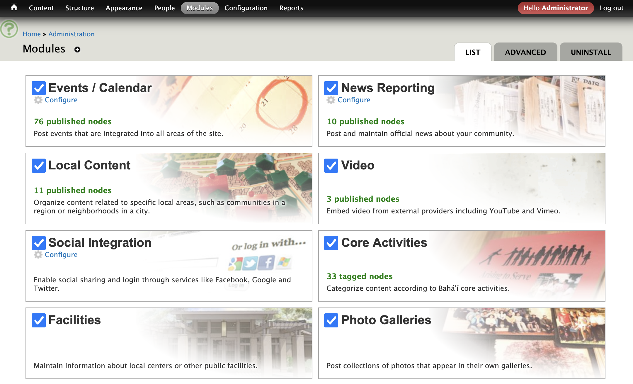 drupal modules dashboard showing local community features and node counts.CEA5Jq3i
