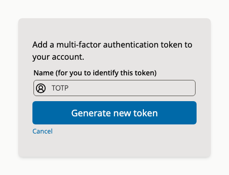multi factor authentication setup dialog for generating one time password tokens